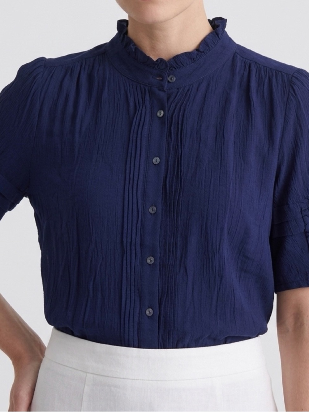 Women's Navy Button-Front Ruffled Collar Blouse